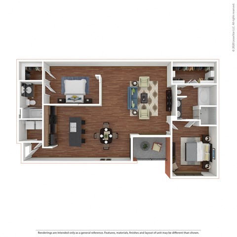 2x2 B1 a stylized floor plan with bedrooms and a living room